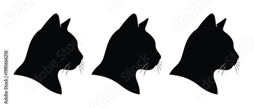 Black cat head silhouette set, minimalist feline profile icons, three domestic kitten side view vector illustrations on white background