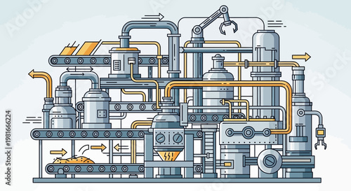 Industrial Factory Production Line with Robotic Arm and Conveyor Belts