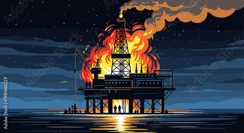 Offshore oil rig explosion at night, burning platform with dark sea and starry sky