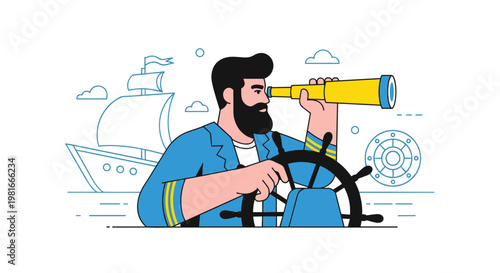 Determined ship captain with a beard stands at the wooden helm and looks through a telescope with a sailing ship and waves in the background.