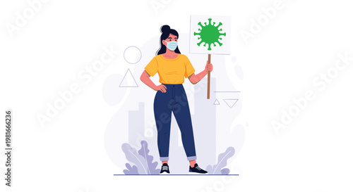 Concerned woman wearing a protective face mask stands firmly while holding a protest sign featuring a large green coronavirus symbol.