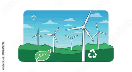 An illustration of wind turbines generating clean energy in a green landscape with a blue sky