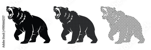 Vintage roaring grizzly bear vector set, aggressive black bear mascot silhouettes, 3 wild animal icons for outdoor apparel and sports logos