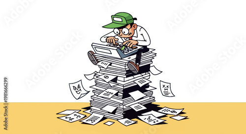 A cartoon man overwhelmed by a massive stack of paperwork while working on a laptop