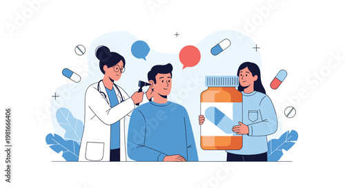 Female doctor uses an otoscope to examine a man's ear while a pharmacist stands nearby holding a giant orange bottle of medicine.