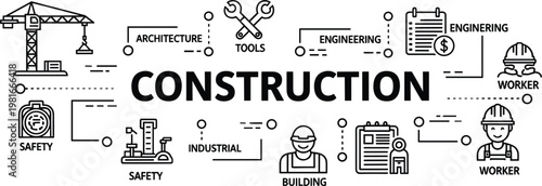 Construction typography banner with labeled icons crane tools architecture and engineering vector header