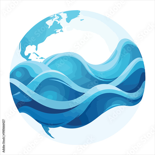 Global Ocean Waves Illustration with Earth – Climate Change and Water Concept