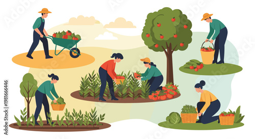 Diverse team of farmers collaborates in a productive garden to harvest fresh vegetables and pick ripe apples from an orchard tree.