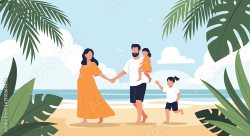 Happy family including a pregnant mother, father, and two young daughters walk along a sunny tropical beach framed by large palm leaves.