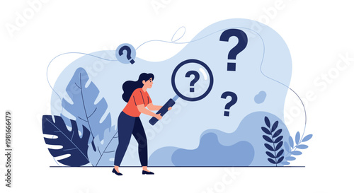 Curious woman uses a large magnifying glass to investigate and search for answers among several floating question marks in a blue landscape.