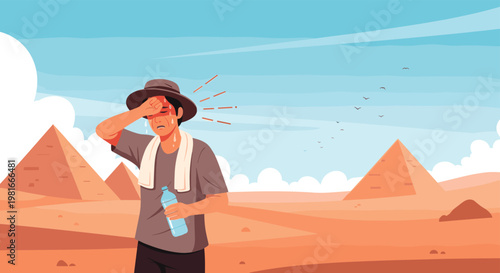 Exhausted man wipes sweat from his forehead while holding a water bottle in a scorching hot desert landscape with egyptian pyramids behind.