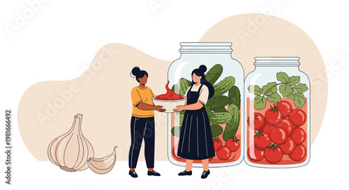 Two women collaborate to preserve food by filling giant glass jars with fresh cucumbers and tomatoes while standing next to large garlic bulbs.