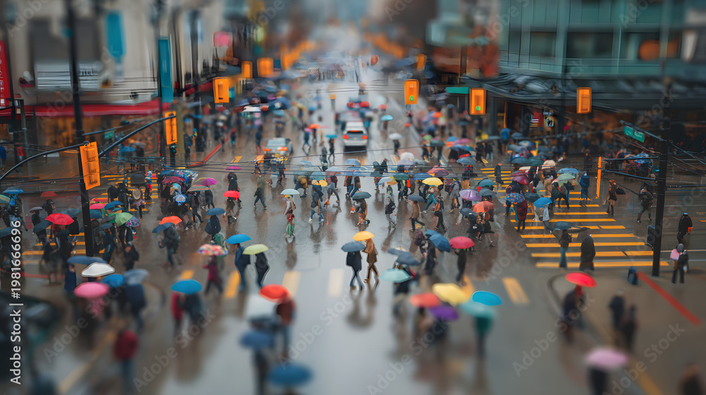 Obraz premium Busy City Intersection with Pedestrians and Umbrellas in Rainy Weather Captured from Above