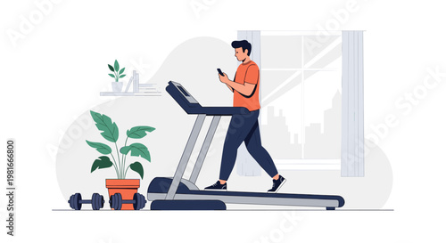Active young man maintains his fitness routine by walking on a treadmill at home while checking messages on his smartphone.