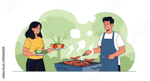 Happy couple enjoys a summer day outdoors by grilling delicious sausages on a barbecue for a picnic in a lush green park.