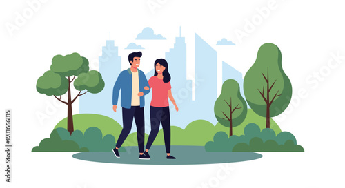 Young man and woman enjoy a peaceful stroll through a city park surrounded by trees with urban skyscrapers in the distance.