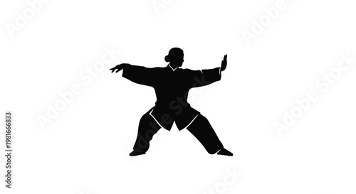 Practitioner silhouetted in a traditional stance performs Tai Chi movements to emphasize health, meditation, and inner balance through controlled physical motion in this minimalist graphic art.