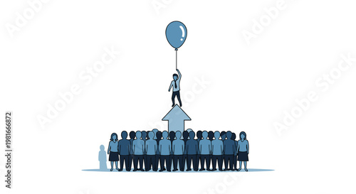 Ambitious individual rises above a large crowd of people by holding onto a single blue balloon on top of a giant upward arrow.