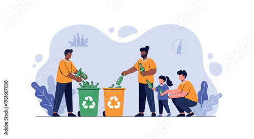 Diverse group of people including a child work together to sort green and amber glass bottles into recycling bins for environmental care.
