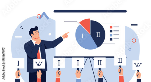 Thoughtful businessman analyzes a large pie chart on a presentation screen while a group of people hold up numbered voting cards below.