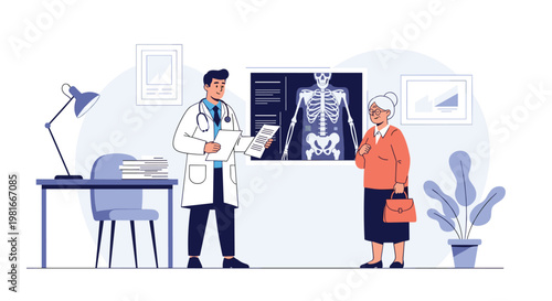 Medical doctor explains findings from a skeletal X-ray to a senior female patient during a consultation in a well-equipped clinic office.
