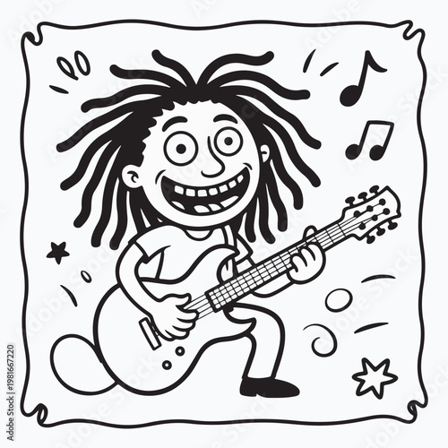 Cartoon Reggae Guitarist with Dreadlocks – Hand Drawn Doodle Musician Vector Illustration