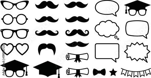 Diverse vector graphic icon collection for academic achievements, festive celebrations, and costume parties, featuring eyeglasses, mustaches, speech bubbles, and graduation symbols