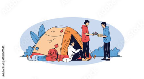 Group of friends enjoys a weekend camping trip in the wilderness by sharing a meal together in front of their orange tent.