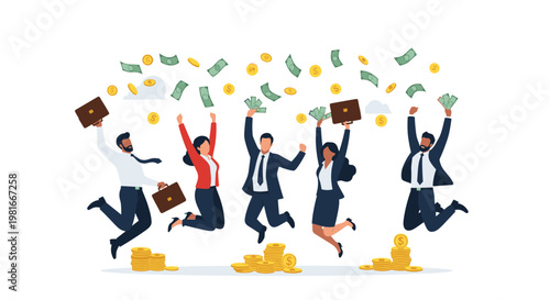 Successful team of business professionals celebrate their financial triumph by jumping for joy as gold coins and banknotes fall from the sky.