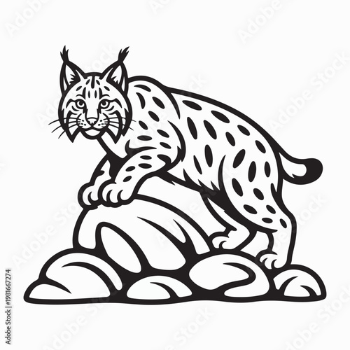 Wild Lynx Standing on Rock Cartoon Vector Illustration