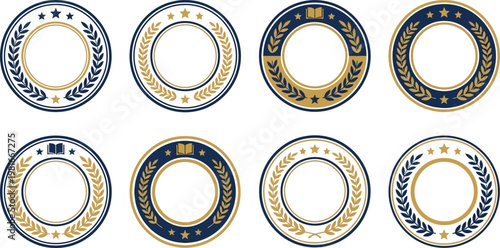 Set of eight circular emblems or seals with laurel wreaths and stars, suitable for awards or recognition