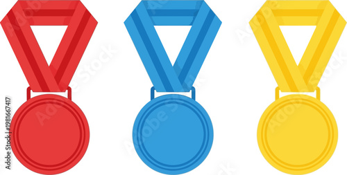 Vector illustration of three distinct award medals with red, blue, and yellow ribbons, symbolizing victory, achievement, and success in competitions, sports, and recognition