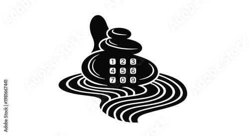 Stones stacked in a balanced tower feature a numerical keypad and flowing water patterns in this graphic design representing modern digital security and mental calmness in a chaotic world.
