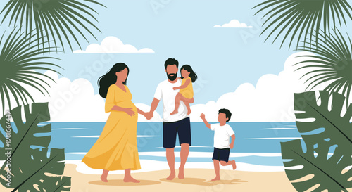 Loving family including a pregnant mother, father, and two young children enjoy a peaceful walk along the seashore between palm leaves.