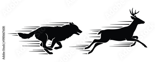 Running wolf and deer silhouettes with motion blur lines, black predator and prey animal chase vector, wildlife hunting scene graphic