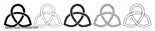 Celtic Triquetra knot vector set, 5 black and white trinity knot icons, traditional Irish spiritual symbols for logo design and tattoo art