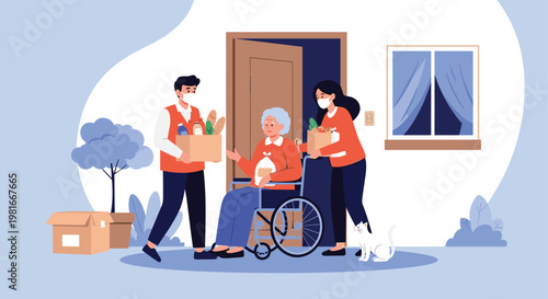 Kind volunteers wear masks while delivering boxes of fresh groceries to an elderly woman in a wheelchair at her home entrance.