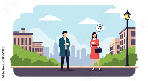 Stylish man and woman meet on a city street to enjoy a conversation over coffee while the woman thinks about upbeat music.