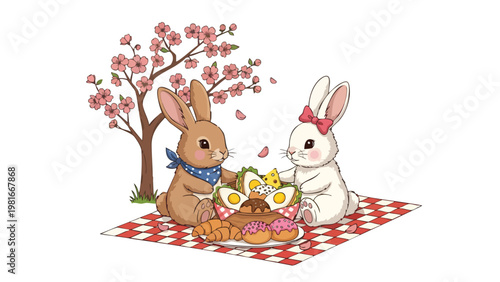 Cute Bunnies Picnic Under Cherry Blossoms - Spring Food Illustration