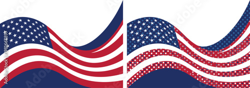 American flag waves in two distinct styles featuring solid stripes and a dotted pattern for a modern graphic effect.