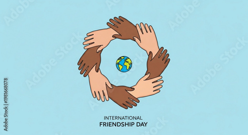 Diverse hands forming a circle around the earth on international friendship day symbolizing global unity and togetherness on a light blue background