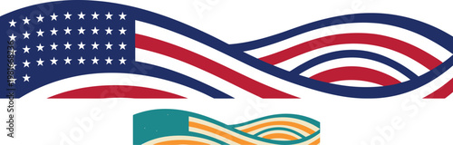 American flag wave flows alongside a secondary teal and gold ribbon to create a diverse and layered graphic composition.