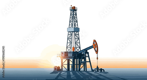 Offshore oil rig with pumpjack at sunrise, industrial energy production, oil and gas exploration