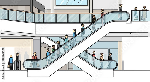 Crowded Escalator in Modern Shopping Mall with People Moving Up and Down