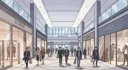 Modern Shopping Mall Interior with Shoppers and Storefronts
