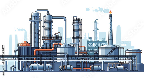 Industrial Factory Complex with Towers and Pipelines, Oil Refinery Plant Illustration