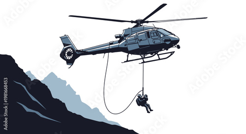 Helicopter Rescue Mission in Mountains: Person Suspended by Cable