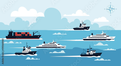 Diverse Ships Sailing on the Ocean: Cargo, Ferry, Tugboats