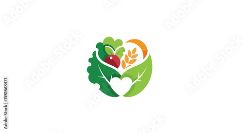 Healthy food logo design showing vegetables with heart and leaf elements in a circular shape