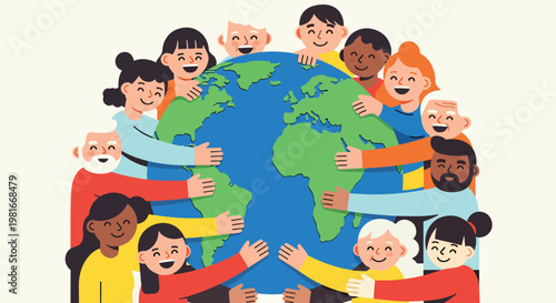 A diverse group of happy people from various backgrounds embracing and hugging the Earth globe, symbolizing global unity, peace, and environmental care.